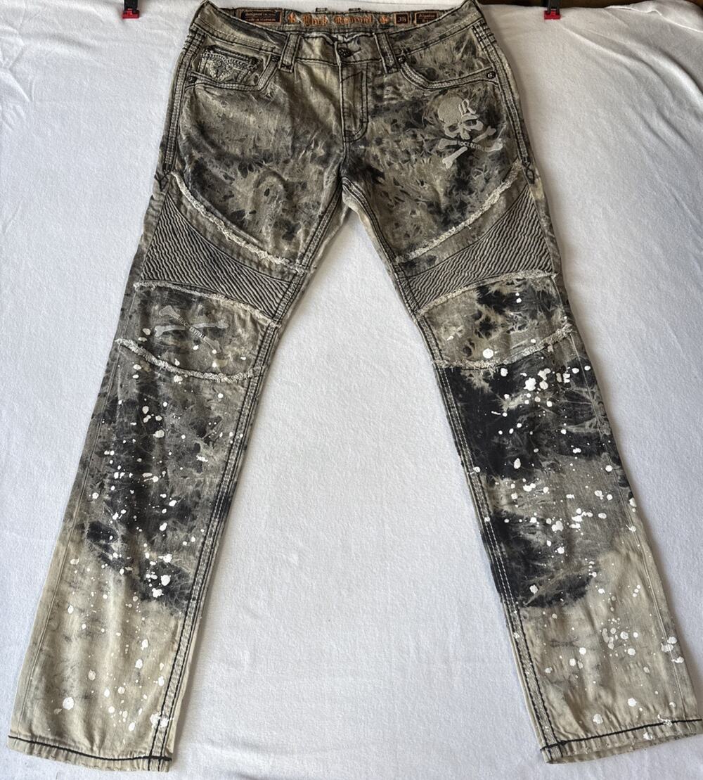 Rock Revival Algodon Biker Jeans Mens 36 Grey Acid Wash Thrashed Skull